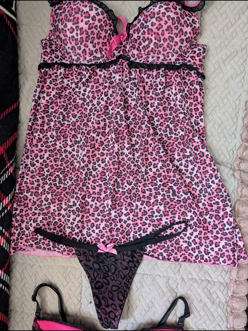 Bundle Of Rampage And Body Rage Pink and Black Leopard Chemise & Playboy Thongs - Picture 2 of 8